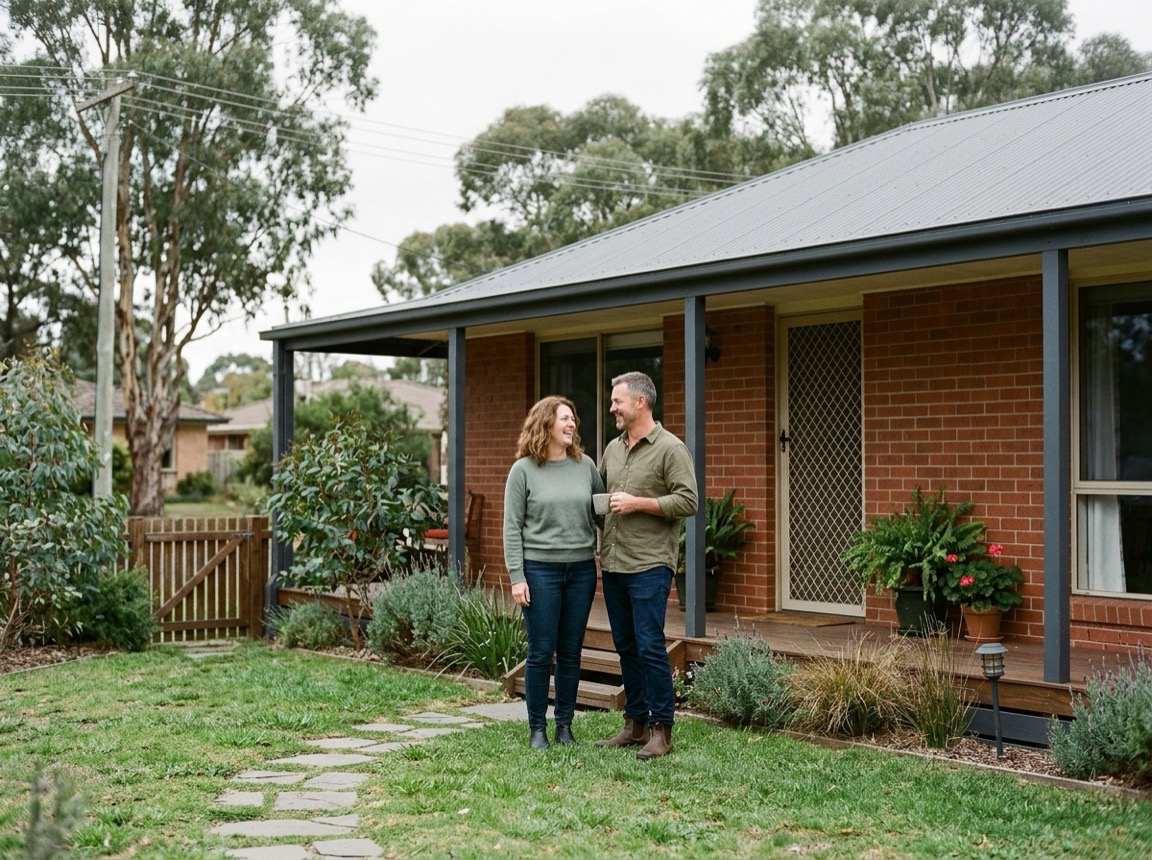 Two adults beside a tidy lawn and a single-storey home.