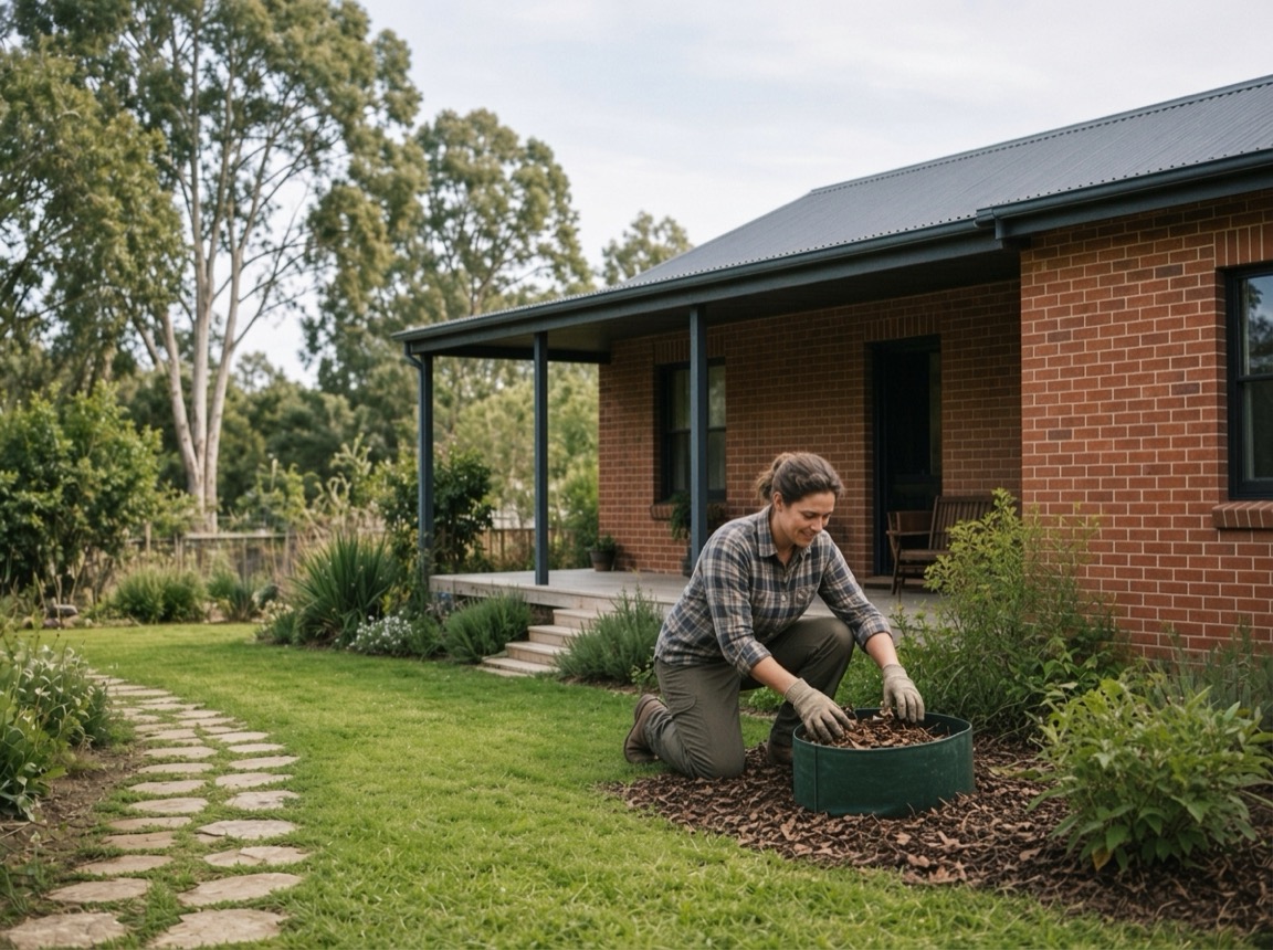 An adult gathering leaves by hand beside a garden bed.