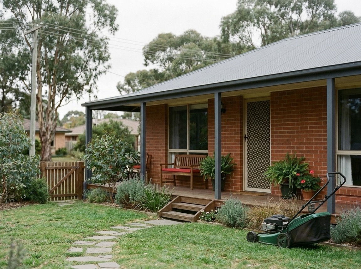 A residential lawn with a parked push mower beside the path.