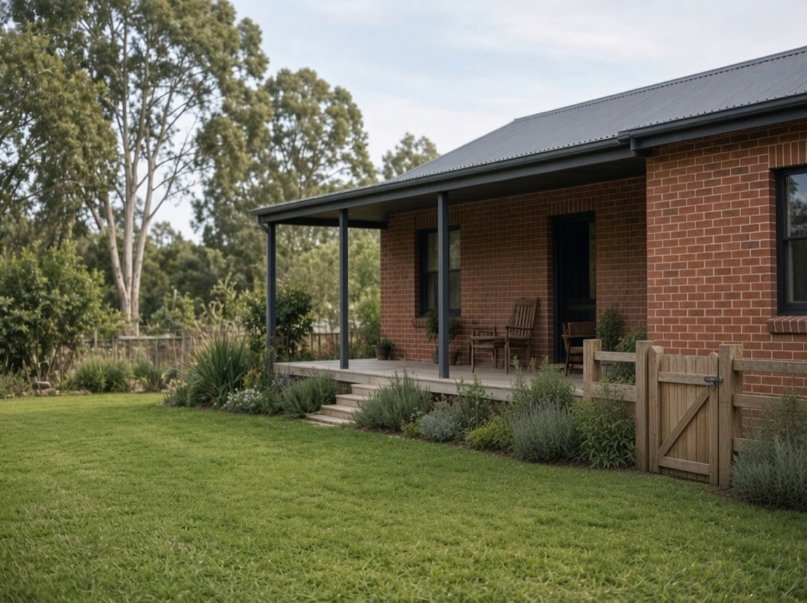 A small residential lawn with low shrubs and a side garden gate.