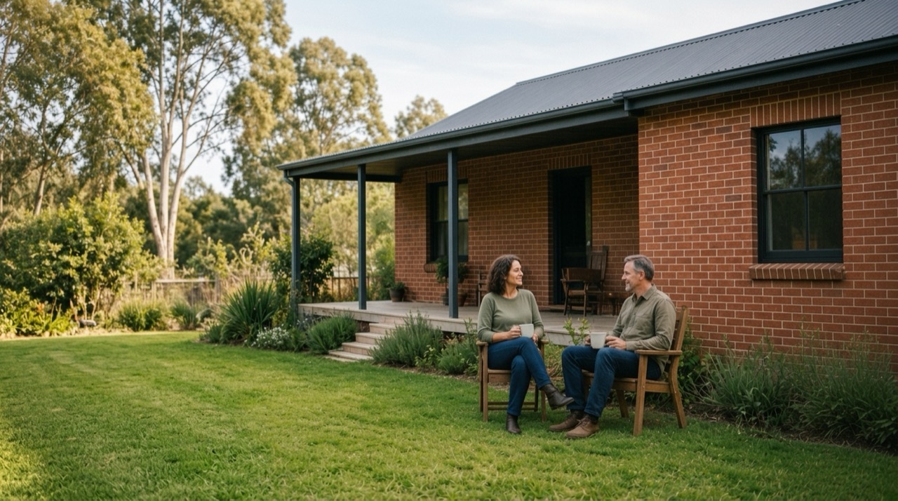 Two adults relaxing beside a lawn and a shaded veranda.